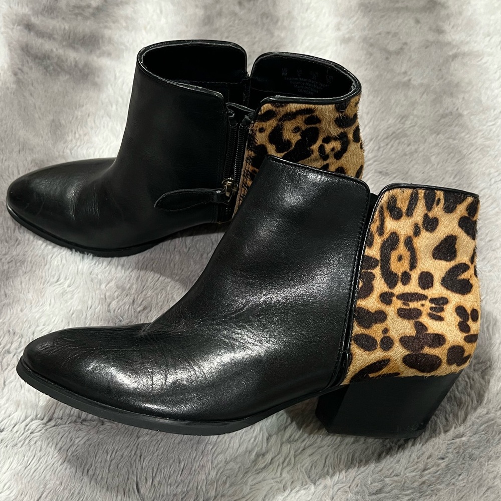 Franco Sarto Shoes Quasar Black Leather Leopard Print Ankle Booties Size 8
